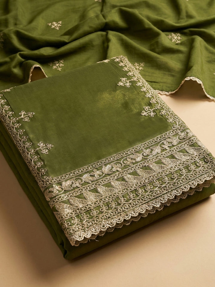 Green Embroidered Cotton Blend Unstitched Suit &amp; Pant With Cotton Dupatta