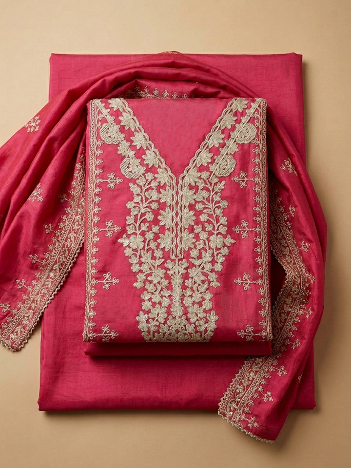 Pink Embroidered Cotton Blend Unstitched Suit &amp; Pant With Cotton Dupatta