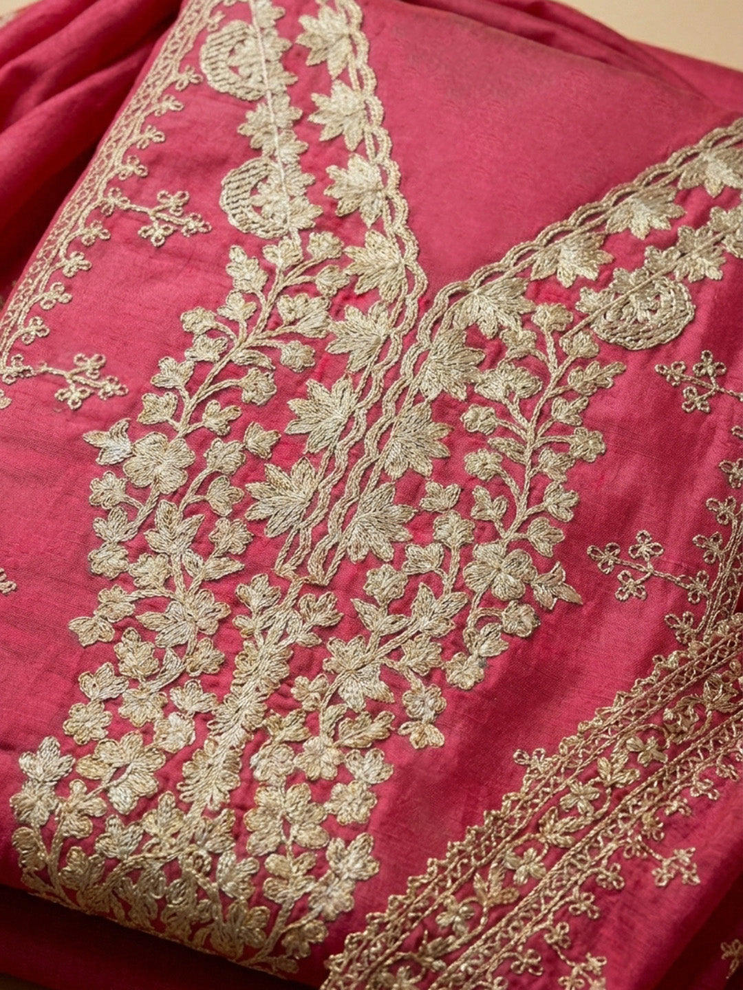 Pink Embroidered Cotton Blend Unstitched Suit &amp; Pant With Cotton Dupatta