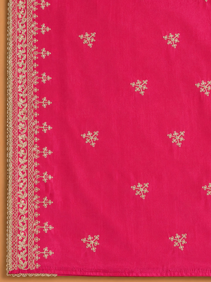 Pink Embroidered Cotton Blend Unstitched Suit &amp; Pant With Cotton Dupatta