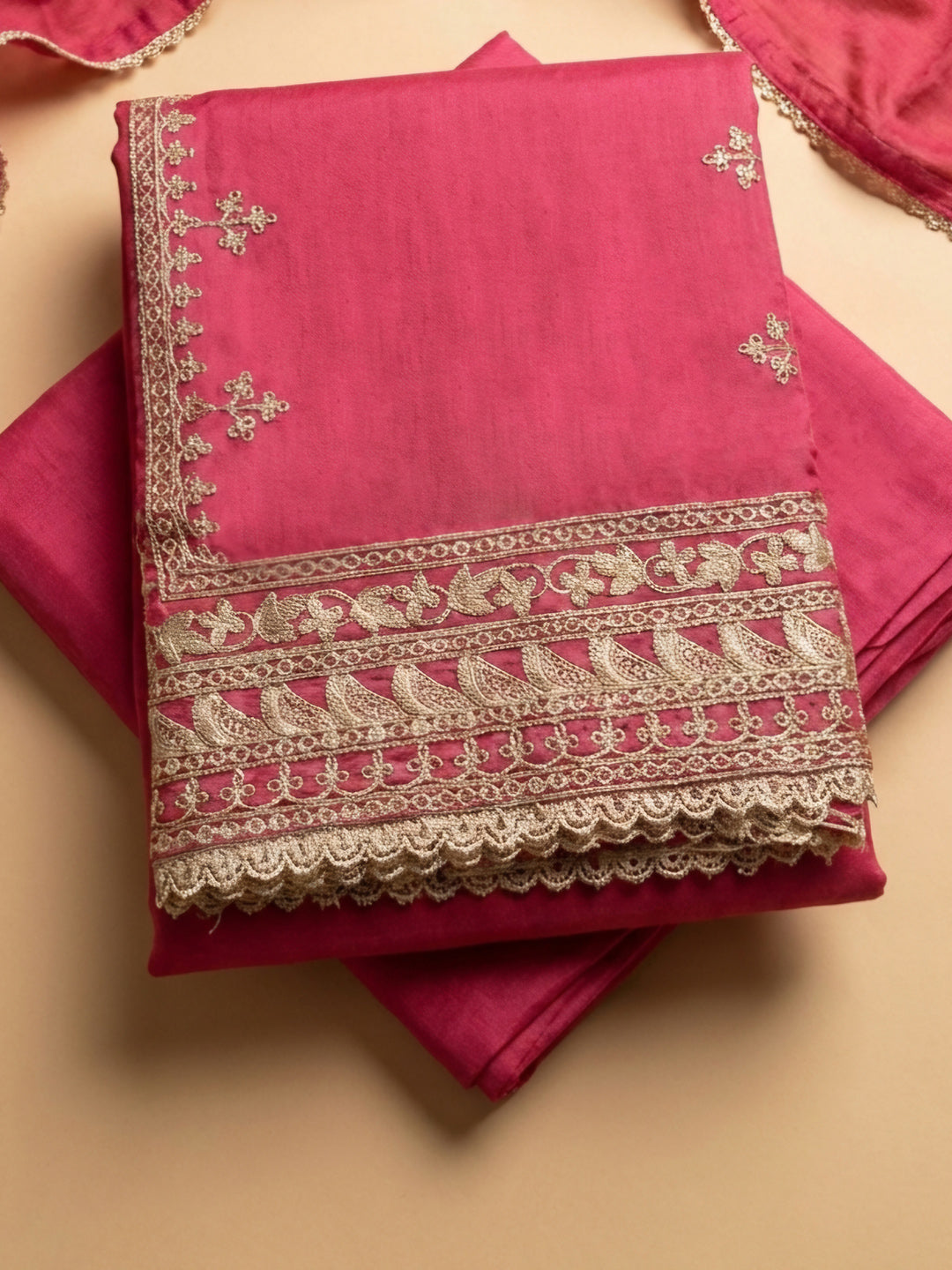 Pink Embroidered Cotton Blend Unstitched Suit &amp; Pant With Cotton Dupatta