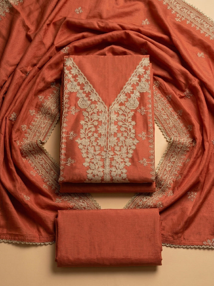 Rust Embroidered Cotton Blend Unstitched Suit &amp; Pant With Cotton Dupatta