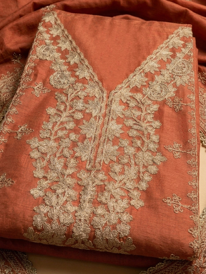 Rust Embroidered Cotton Blend Unstitched Suit &amp; Pant With Cotton Dupatta