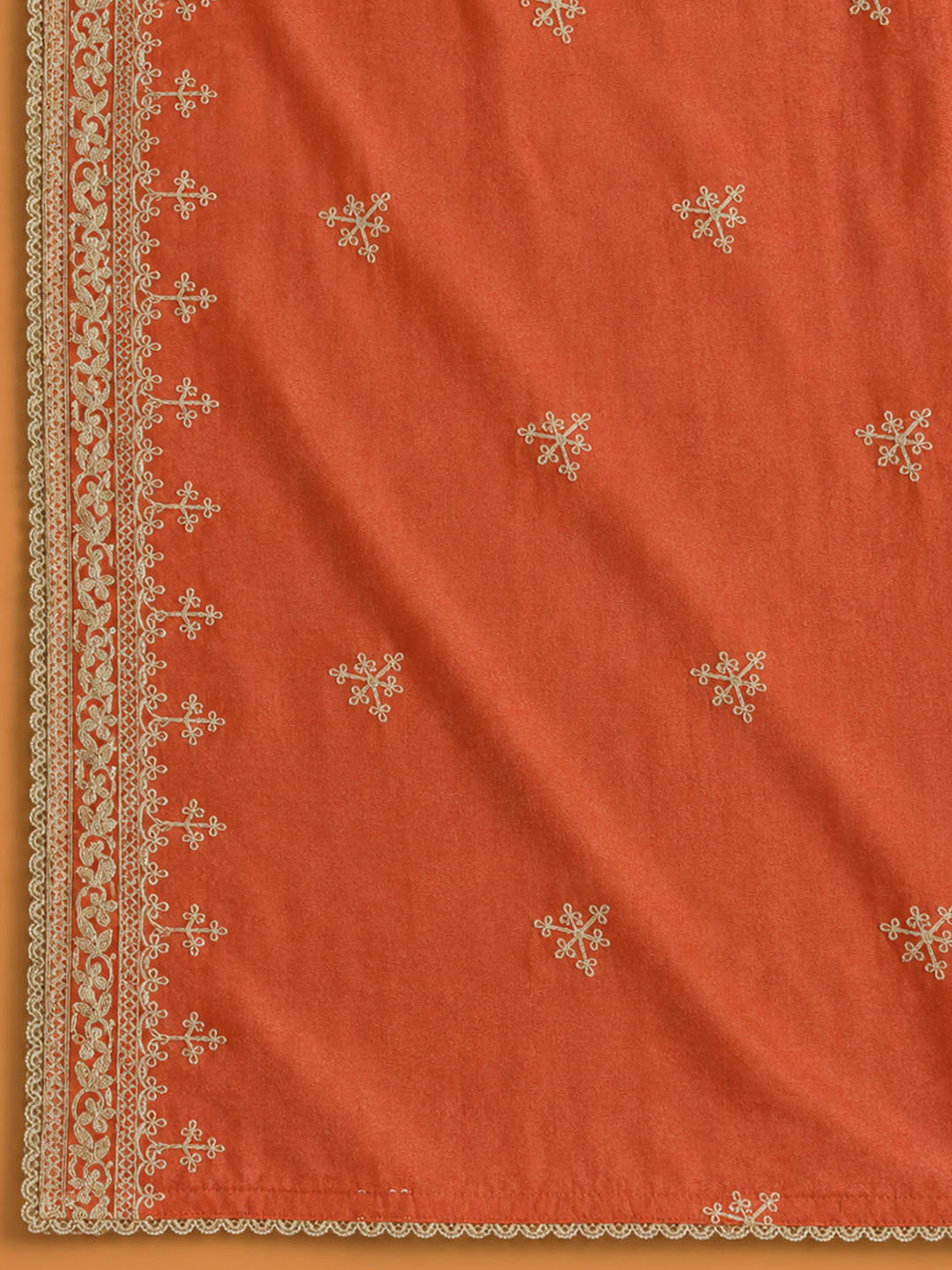 Rust Embroidered Cotton Blend Unstitched Suit &amp; Pant With Cotton Dupatta