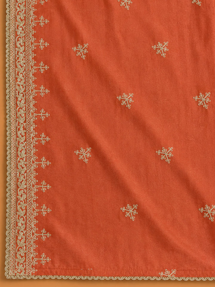 Rust Embroidered Cotton Blend Unstitched Suit &amp; Pant With Cotton Dupatta