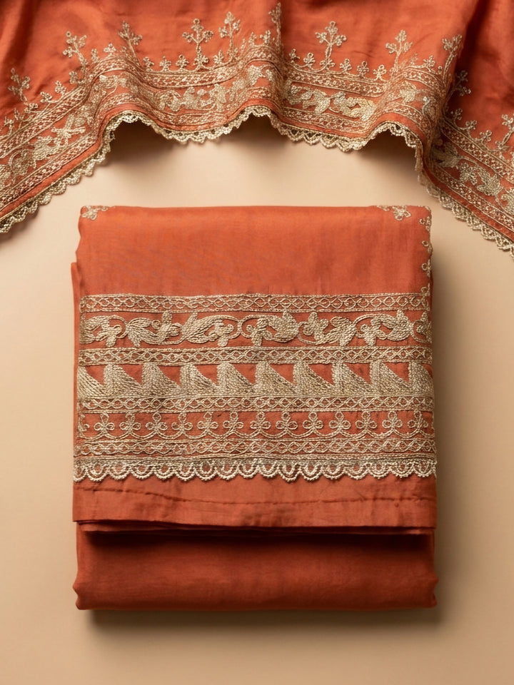 Rust Embroidered Cotton Blend Unstitched Suit &amp; Pant With Cotton Dupatta