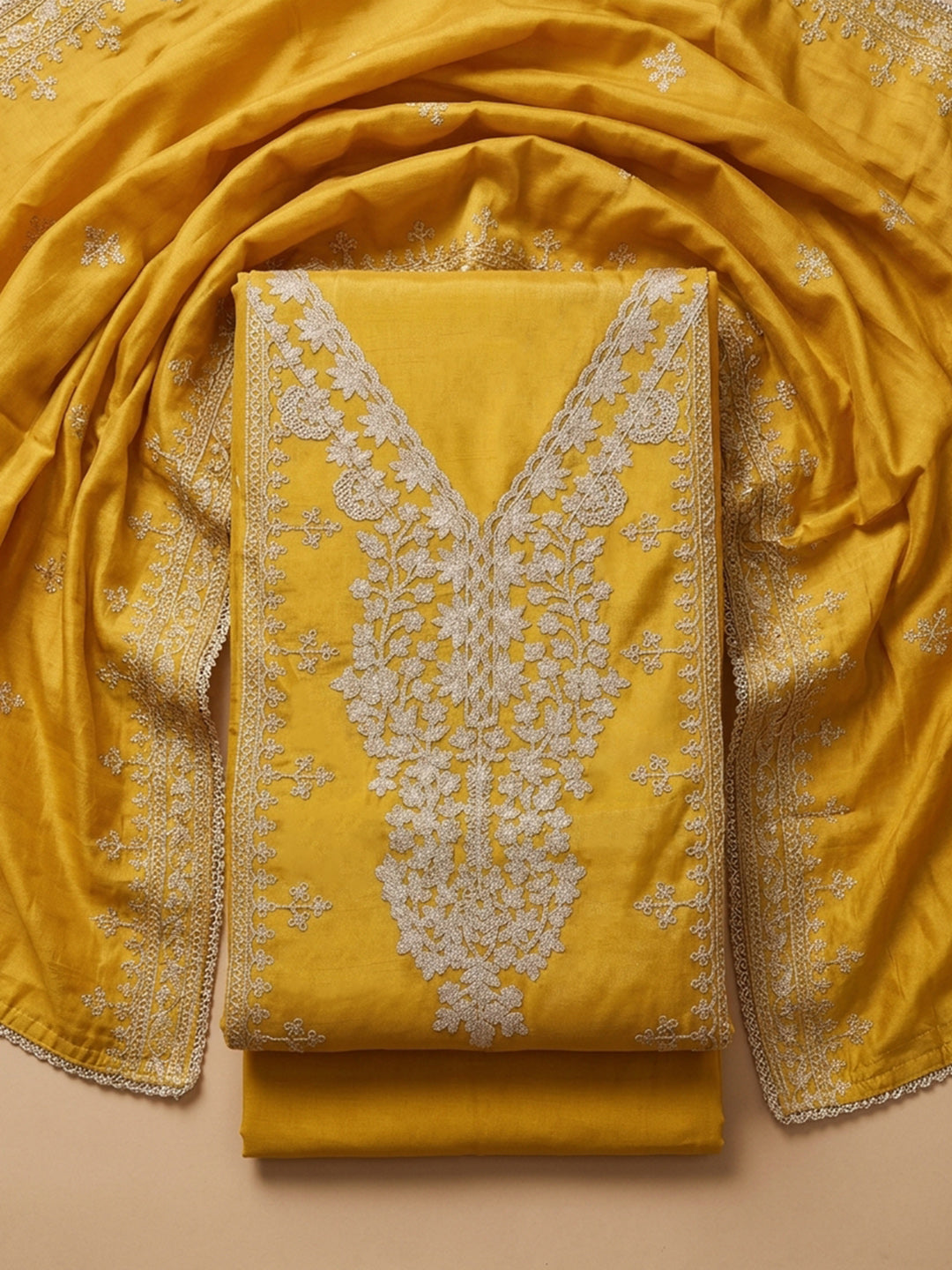 Yellow Embroidered Cotton Blend Unstitched Suit &amp; Pant With Cotton Dupatta