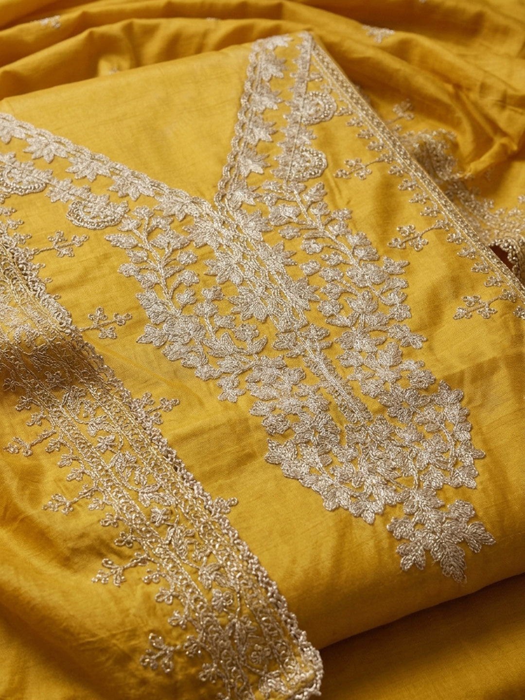 Yellow Embroidered Cotton Blend Unstitched Suit &amp; Pant With Cotton Dupatta