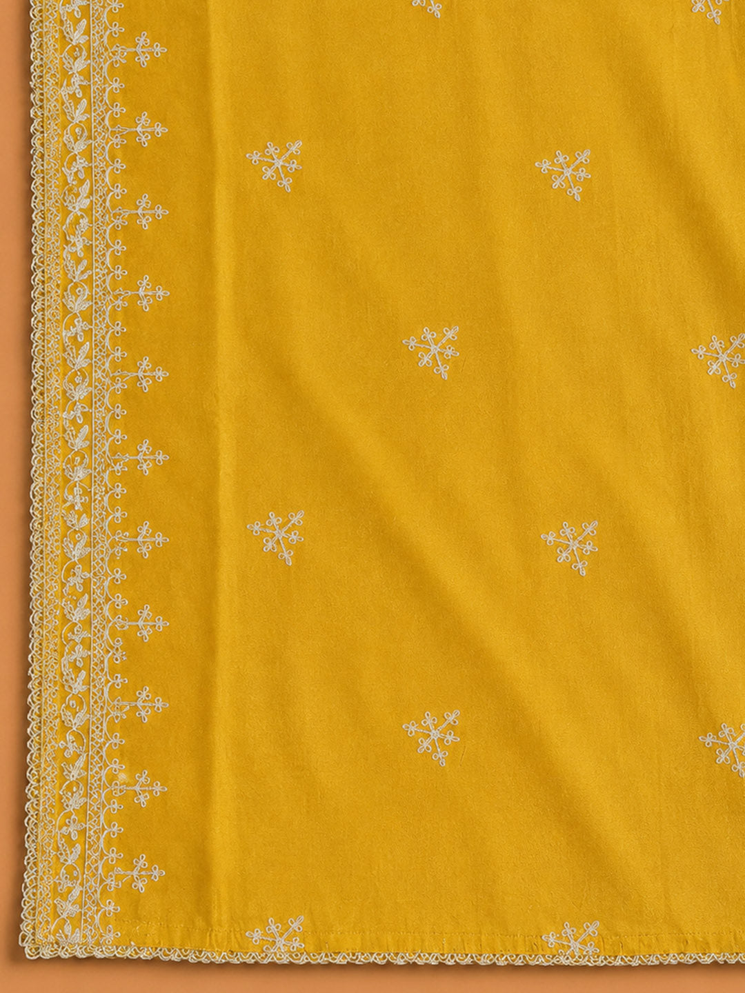 Yellow Embroidered Cotton Blend Unstitched Suit &amp; Pant With Cotton Dupatta