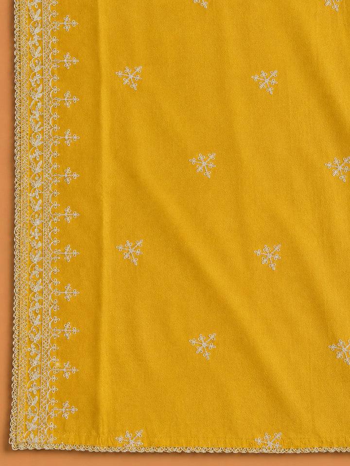 Yellow Embroidered Cotton Blend Unstitched Suit &amp; Pant With Cotton Dupatta