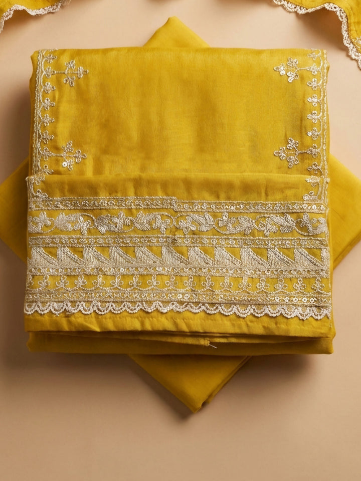 Yellow Embroidered Cotton Blend Unstitched Suit &amp; Pant With Cotton Dupatta