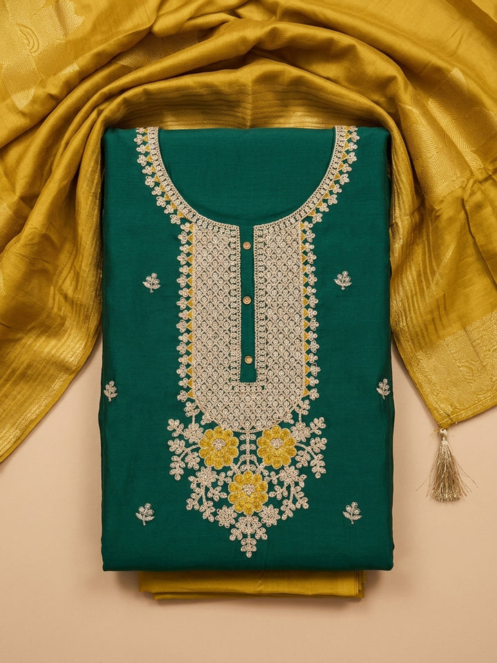 Green Embroidered Cotton Blend Unstitched Suit &amp; Pant With Chanderi Dupatta