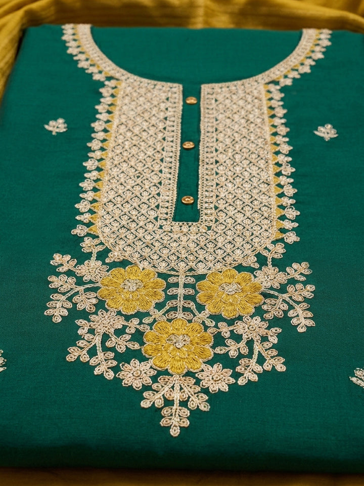 Green Embroidered Cotton Blend Unstitched Suit &amp; Pant With Chanderi Dupatta