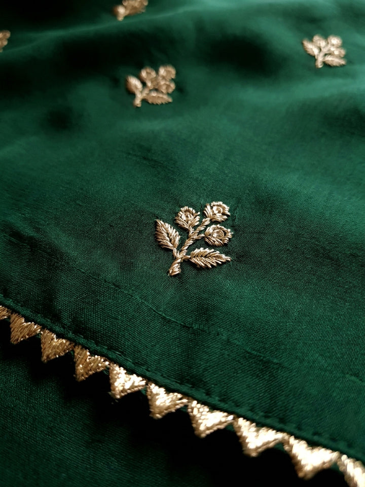 Green Embroidered Cotton Blend Unstitched Suit &amp; Pant With Chanderi Dupatta