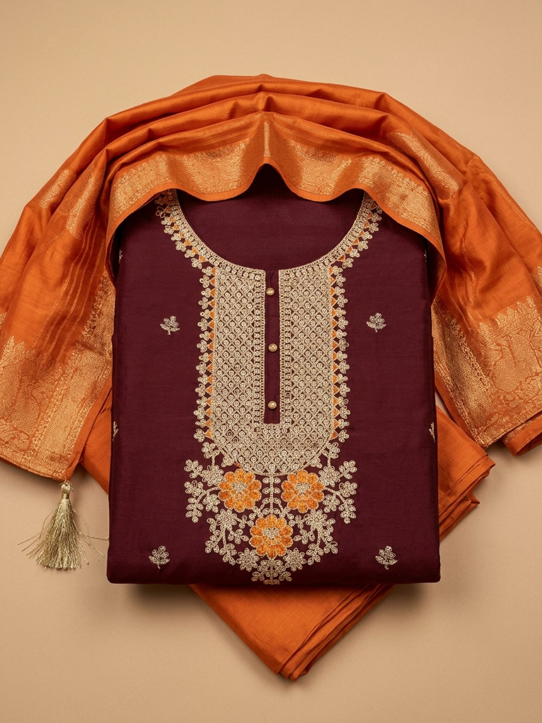 Maroon Embroidered Cotton Blend Unstitched Suit &amp; Pant With Chanderi Dupatta