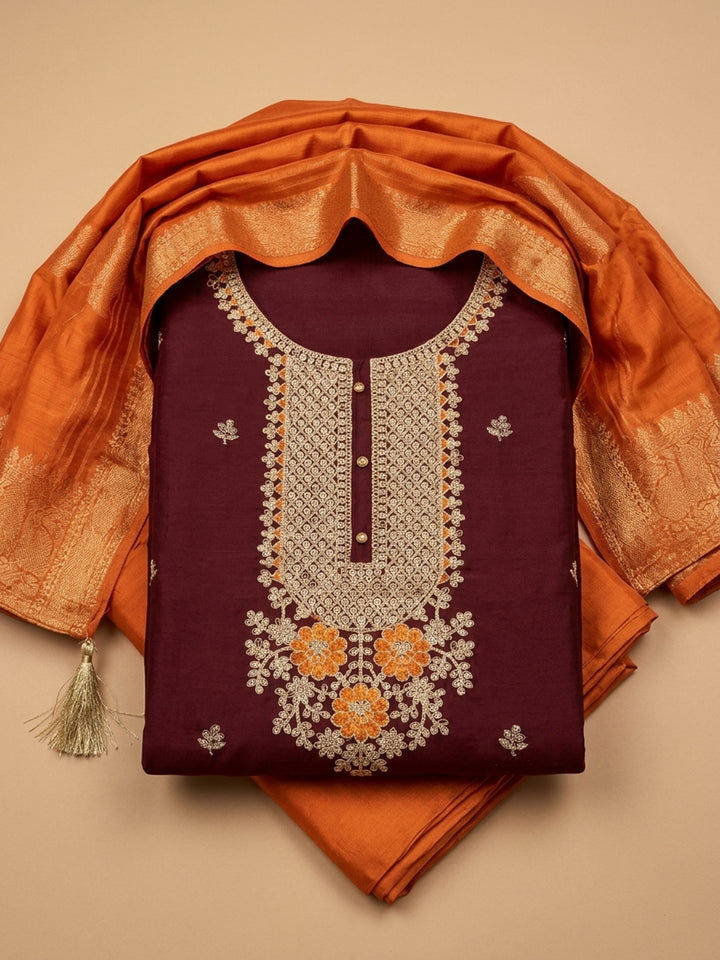 Maroon Embroidered Cotton Blend Unstitched Suit &amp; Pant With Chanderi Dupatta