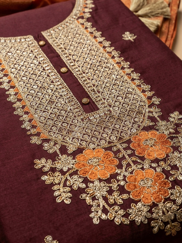 Maroon Embroidered Cotton Blend Unstitched Suit &amp; Pant With Chanderi Dupatta