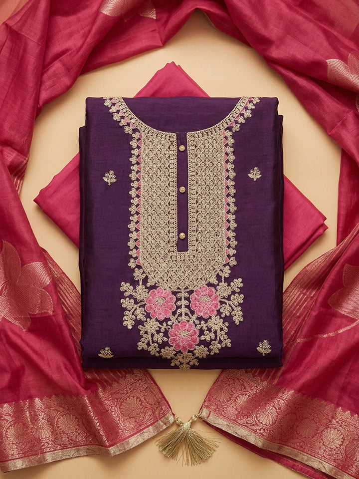 Purple Embroidered Cotton Blend Unstitched Suit &amp; Pant With Chanderi Dupatta