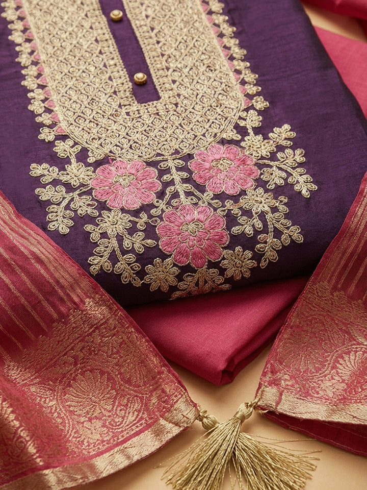 Purple Embroidered Cotton Blend Unstitched Suit &amp; Pant With Chanderi Dupatta