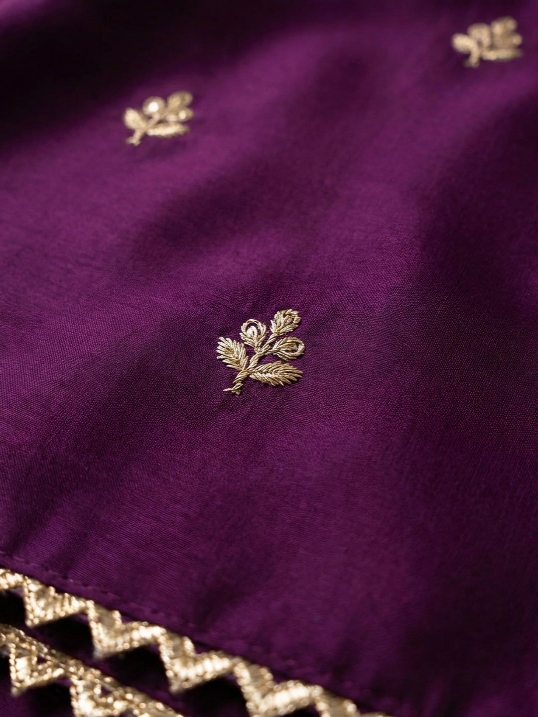 Purple Embroidered Cotton Blend Unstitched Suit &amp; Pant With Chanderi Dupatta
