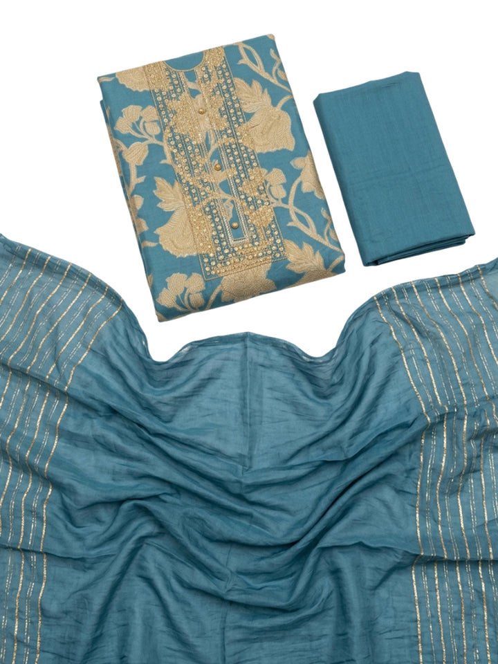 Blue Embroidery Cotton Blend Unstitched Dress Material