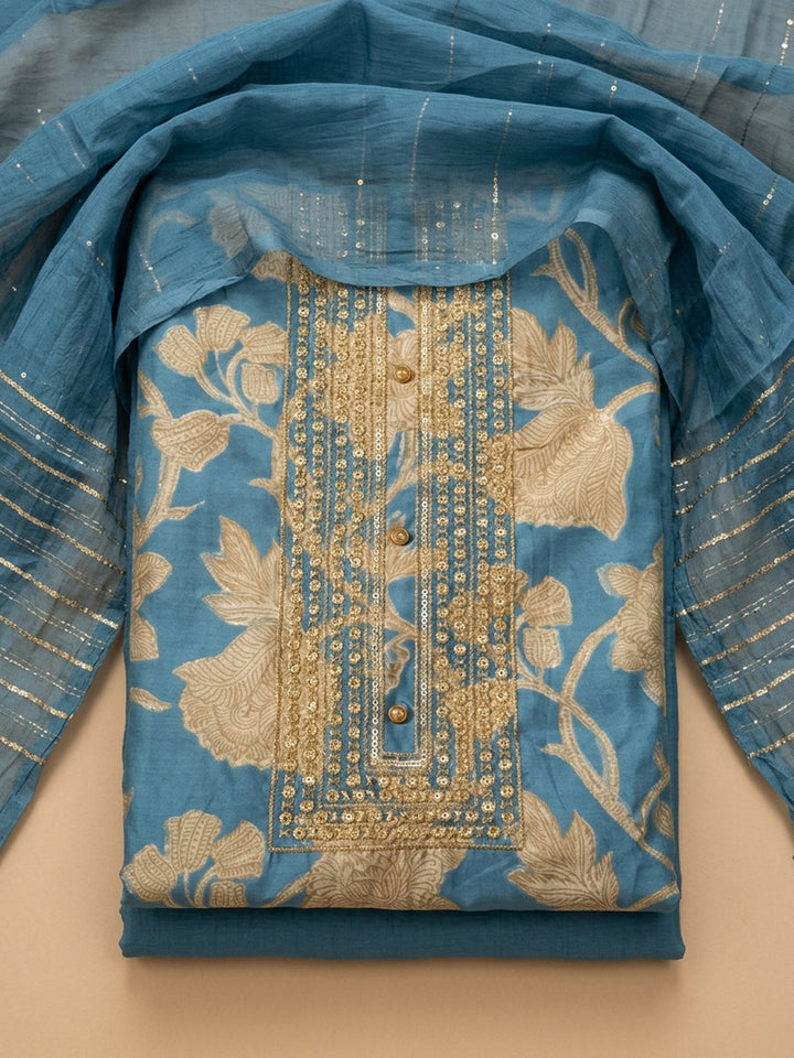 Blue Embroidery Cotton Blend Unstitched Dress Material