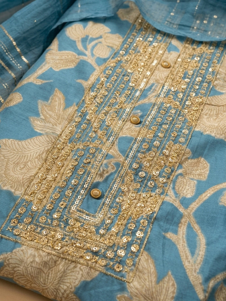 Blue Embroidery Cotton Blend Unstitched Dress Material