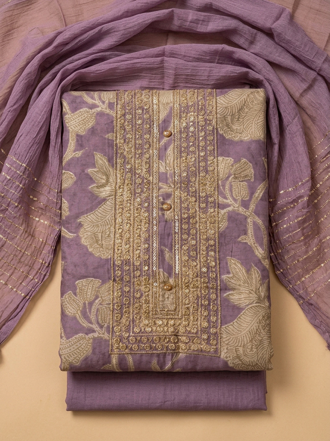 Purple Embroidery Cotton Blend Unstitched Dress Material