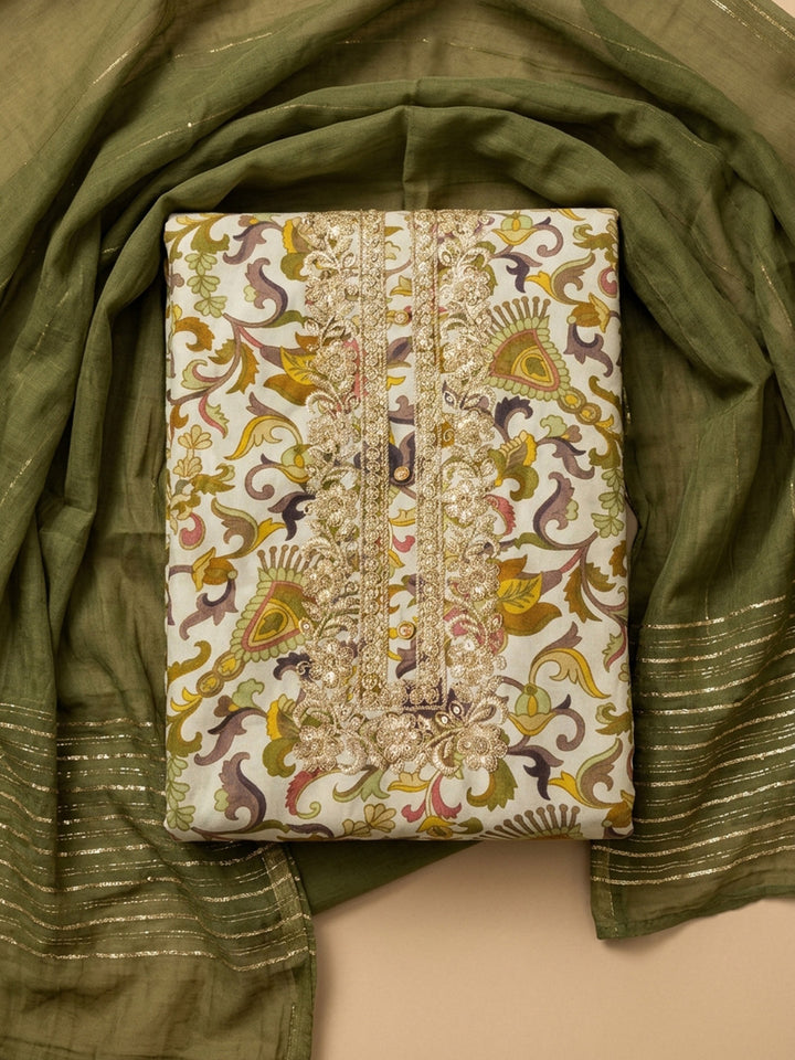 Green Embroidery Cotton Blend Unstitched Dress Material