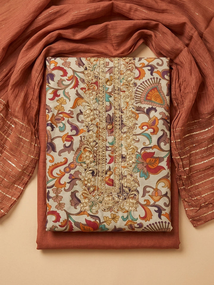 Rust Embroidery Cotton Blend Unstitched Dress Material