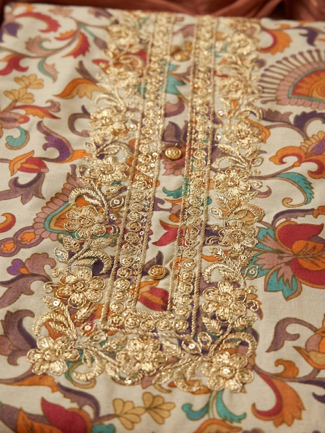 Rust Embroidery Cotton Blend Unstitched Dress Material