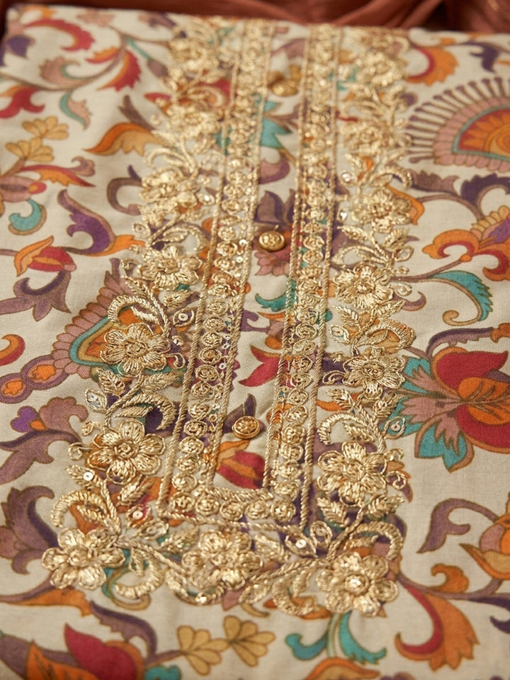 Rust Embroidery Cotton Blend Unstitched Dress Material
