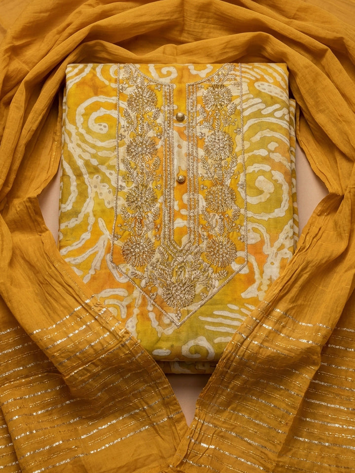 Mustard Embroidered Cotton Blend Unstitched Suit &amp; Pant With Cotton Dupatta