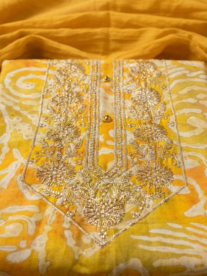 Mustard Embroidered Cotton Blend Unstitched Suit &amp; Pant With Cotton Dupatta