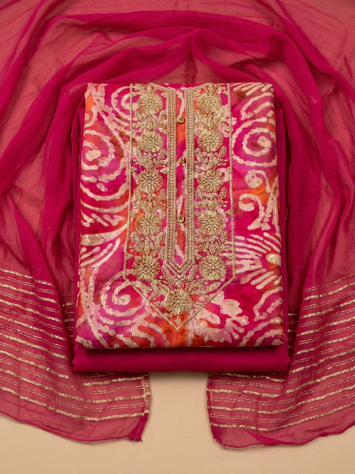 Pink Embroidered Cotton Blend Unstitched Suit &amp; Pant With Cotton Dupatta