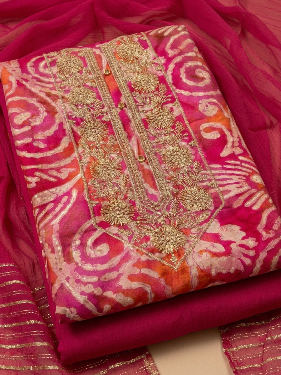 Pink Embroidered Cotton Blend Unstitched Suit &amp; Pant With Cotton Dupatta