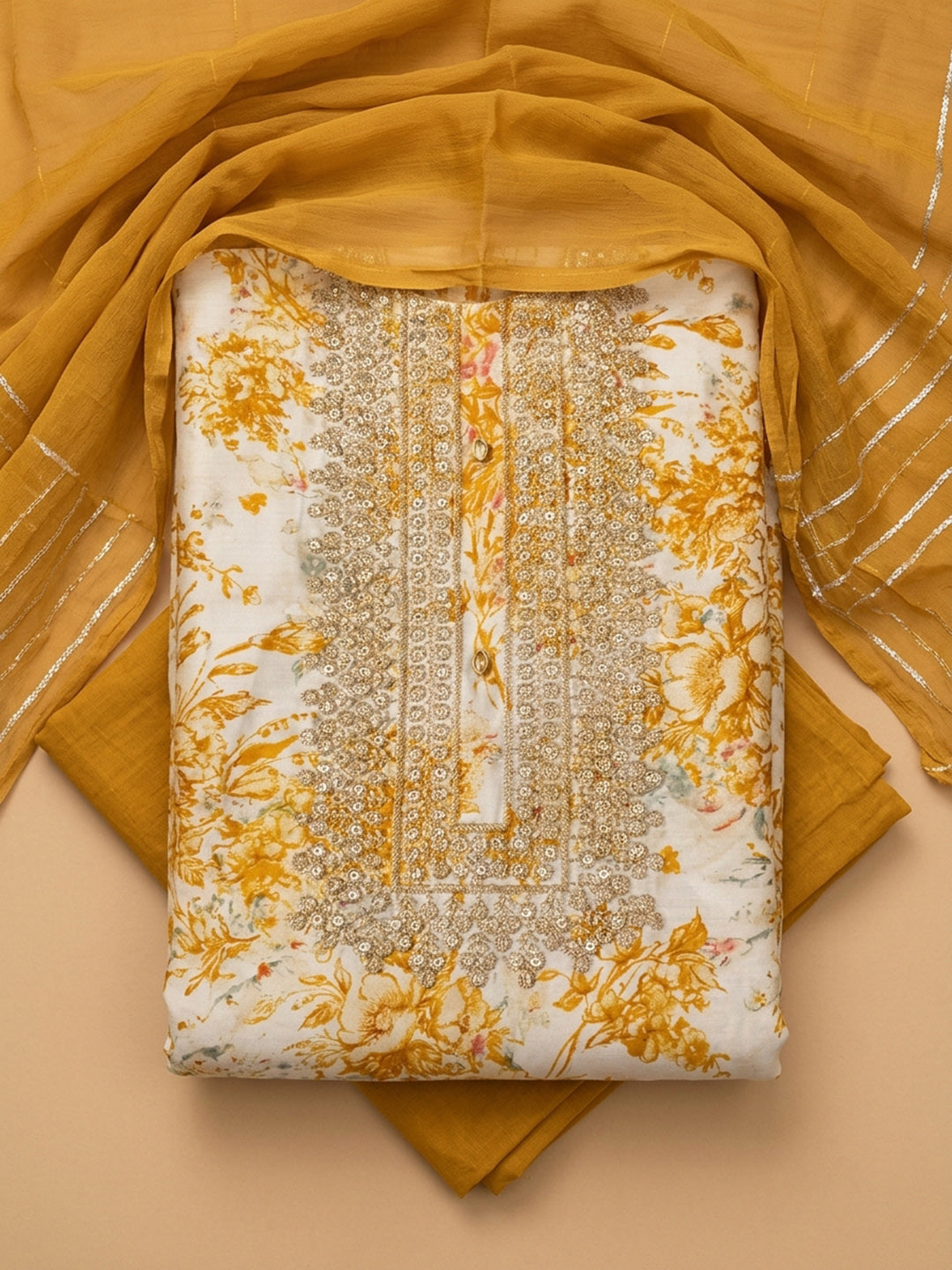 Mustard Embroidery Cotton Blend Unstitched Dress Material