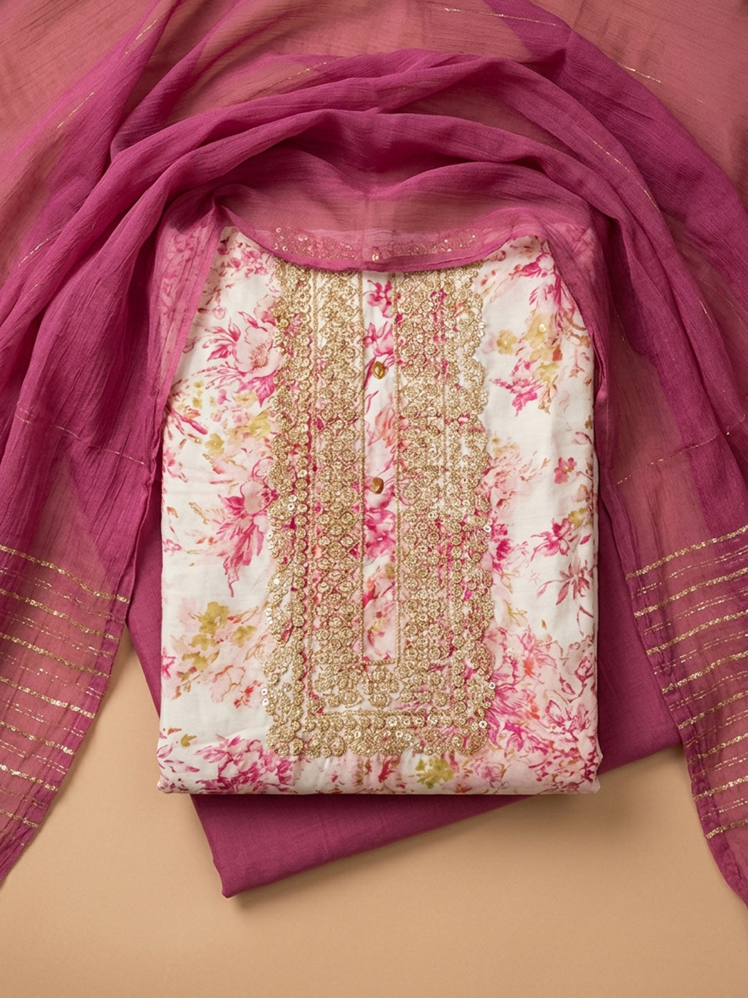 Pink Embroidery Cotton Blend Unstitched Dress Material