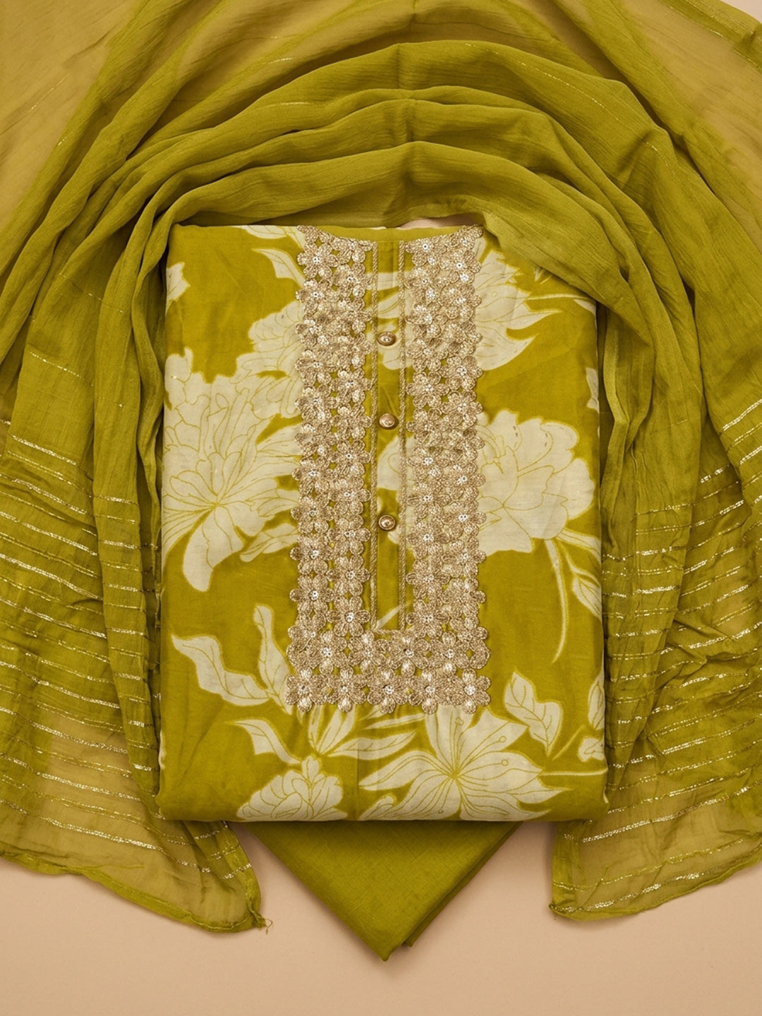 Mehndi Embroidery Cotton Blend Unstitched Dress Material