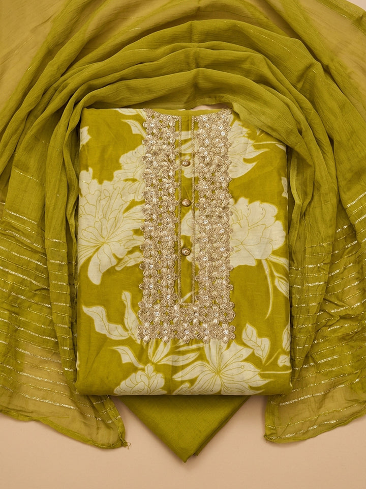 Mehndi Embroidery Cotton Blend Unstitched Dress Material
