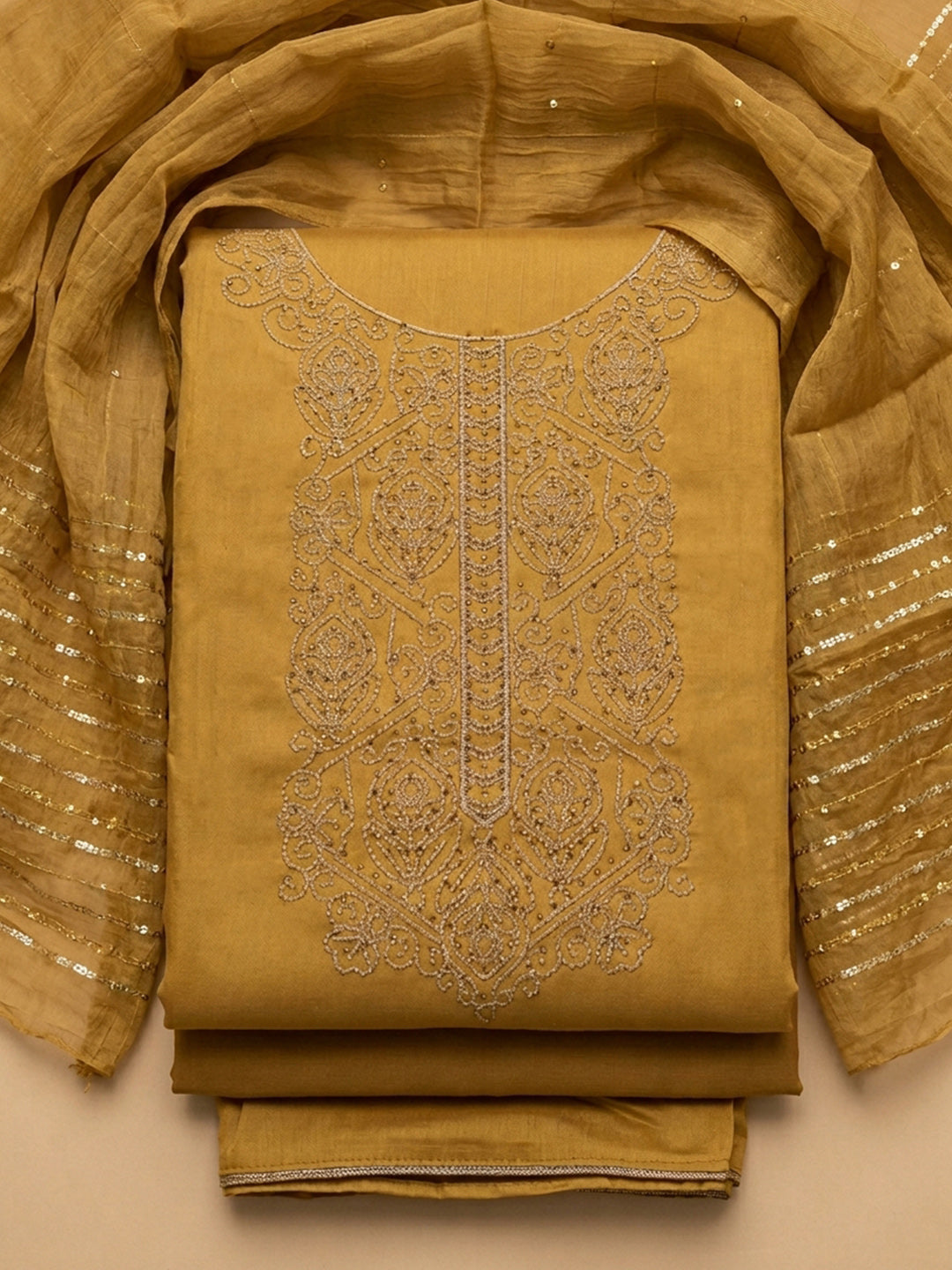 Mustard Embroidered Cotton Blend Unstitched Suit &amp; Pant With Cotton Dupatta