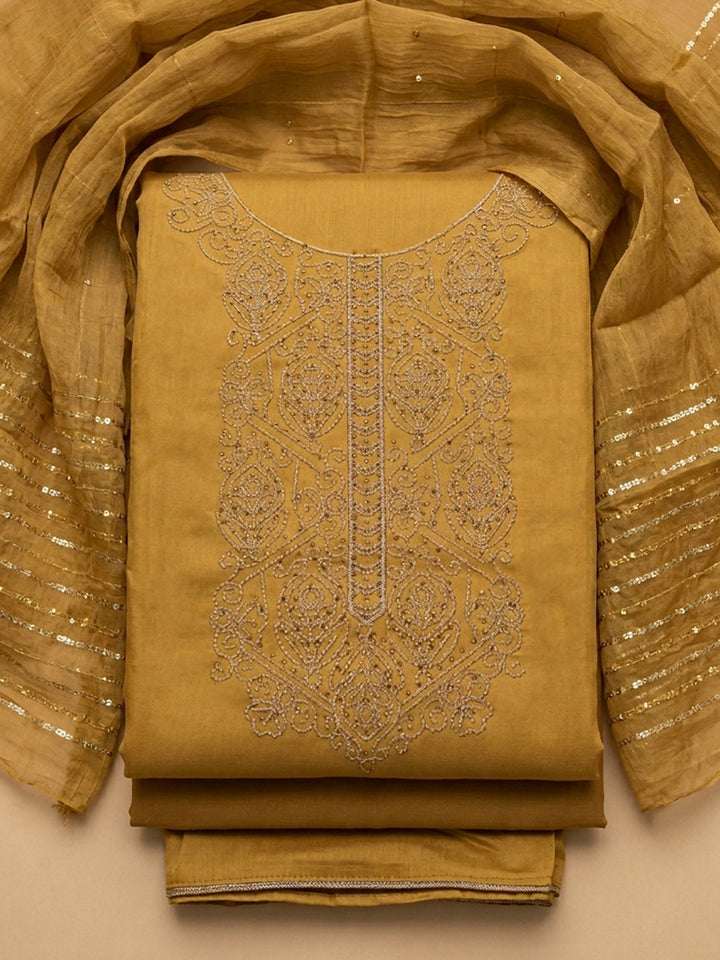 Mustard Embroidered Cotton Blend Unstitched Suit &amp; Pant With Cotton Dupatta