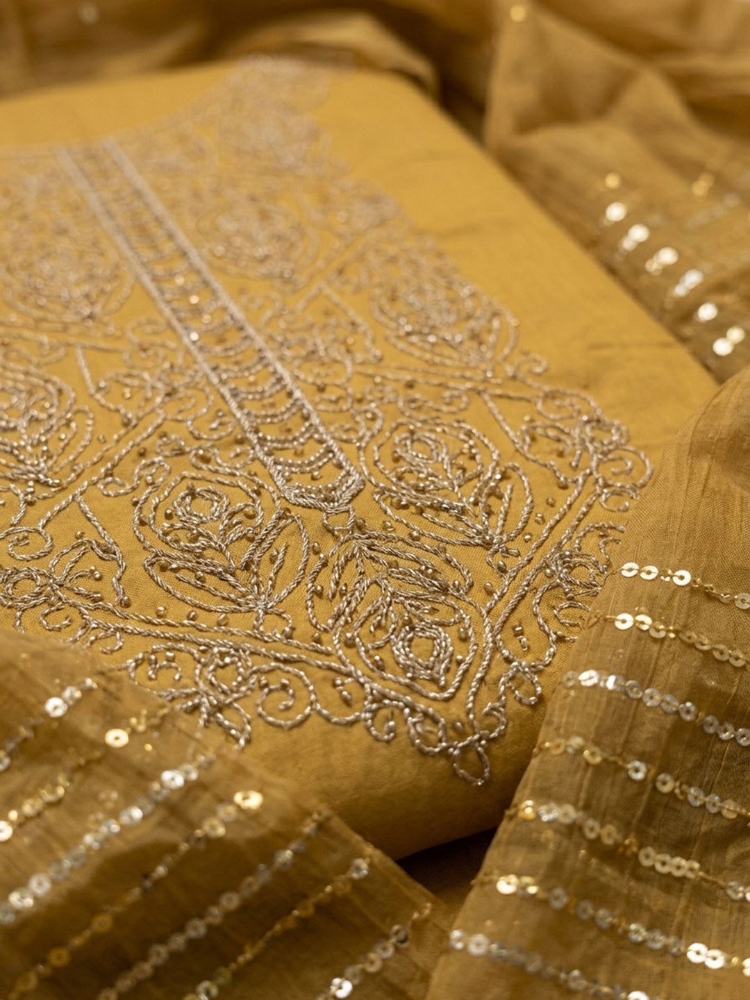 Mustard Embroidered Cotton Blend Unstitched Suit &amp; Pant With Cotton Dupatta