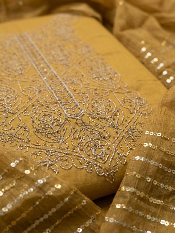 Mustard Embroidered Cotton Blend Unstitched Suit &amp; Pant With Cotton Dupatta