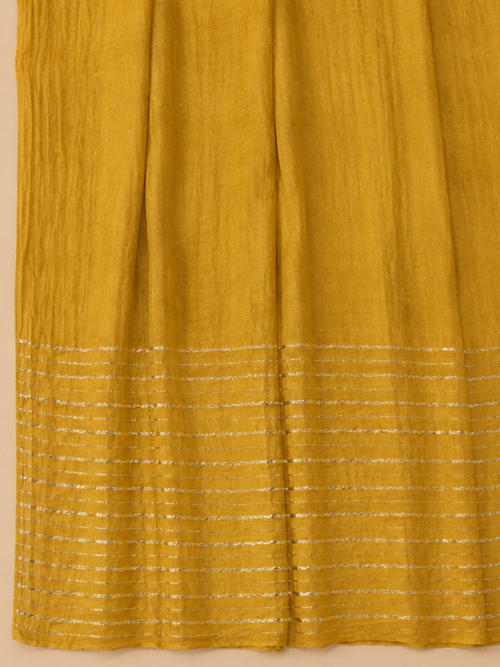 Mustard Embroidered Cotton Blend Unstitched Suit &amp; Pant With Cotton Dupatta