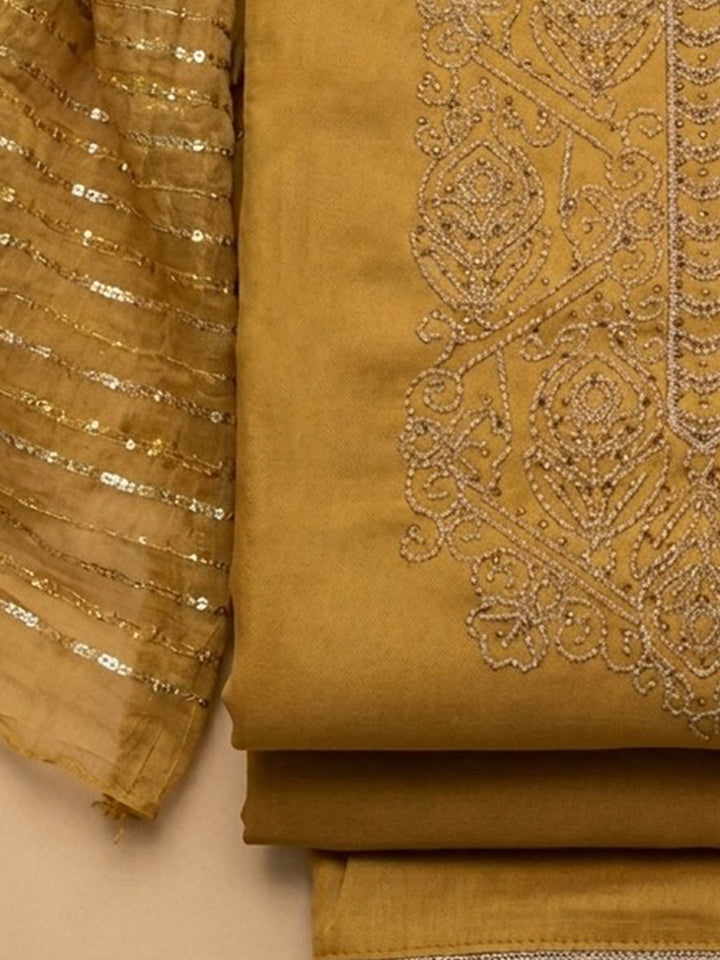 Mustard Embroidered Cotton Blend Unstitched Suit &amp; Pant With Cotton Dupatta