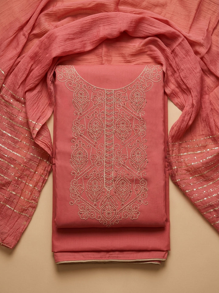 Peach Embroidered Cotton Blend Unstitched Suit &amp; Pant With Cotton Dupatta