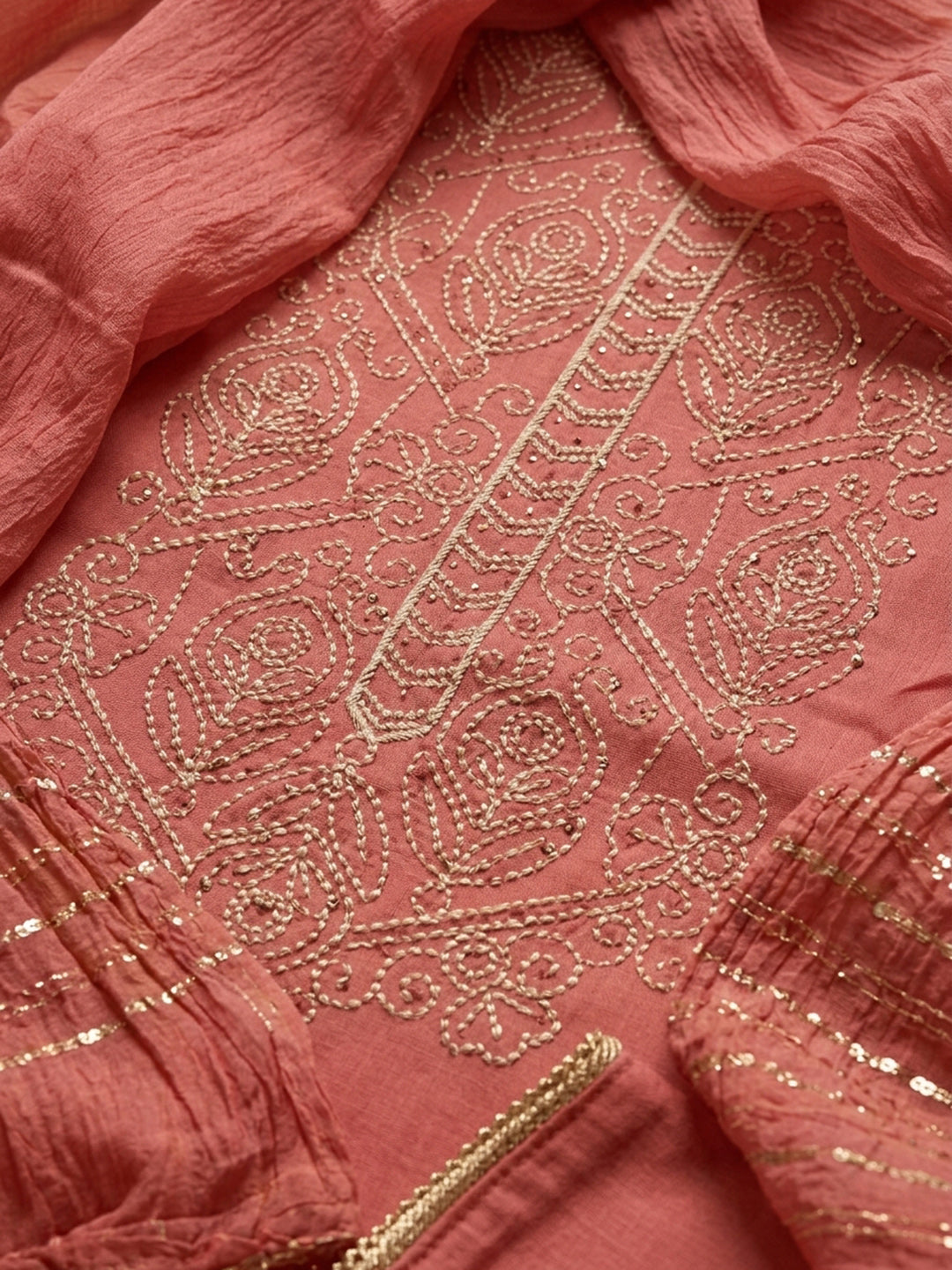 Peach Embroidered Cotton Blend Unstitched Suit &amp; Pant With Cotton Dupatta