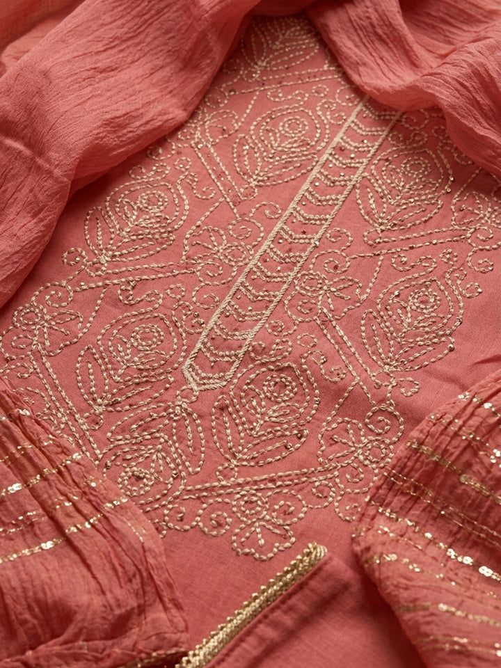 Peach Embroidered Cotton Blend Unstitched Suit &amp; Pant With Cotton Dupatta