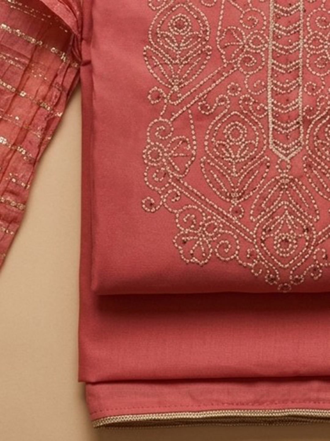 Peach Embroidered Cotton Blend Unstitched Suit &amp; Pant With Cotton Dupatta